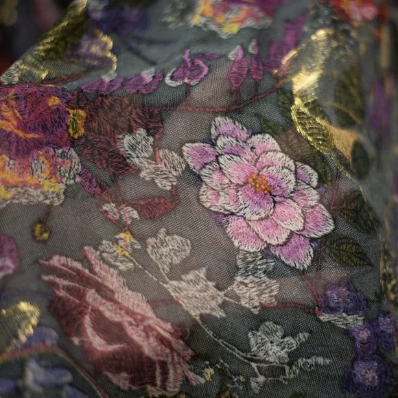 Nicole Miller Artelier M Silk Floral Boho Top Gold Metallic Off-Shoulder Blouse - Picture 7 of 11